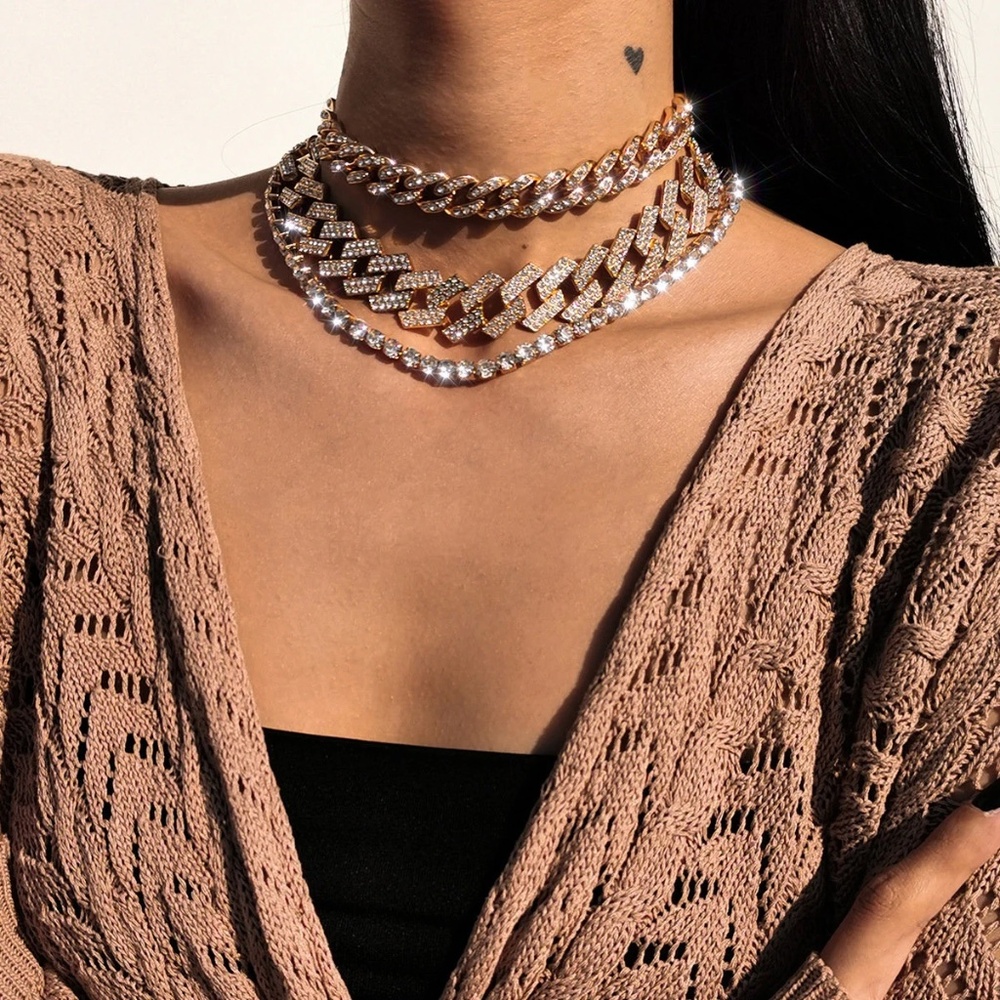 Triple Diamond Layered Necklace Set, Cuban Link Necklace, Tennis Necklace - Picture 3 of 9